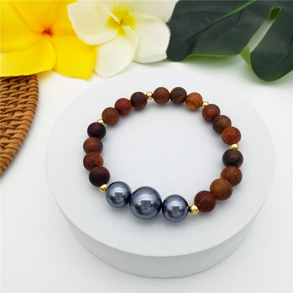 Hawaiian Wooden And Golden Beads Bracelets With Petrol Pearls In 2 Styles