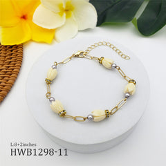 Hawaiian Ivory Color Pikake Flower Beads Chain Bracelet With White Zircon Disc Beads And Brass Beads In Different Colors