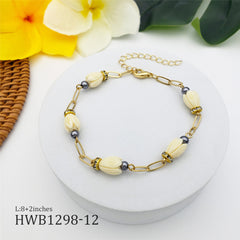 Hawaiian Ivory Color Pikake Flower Beads Chain Bracelet With White Zircon Disc Beads And Brass Beads In Different Colors