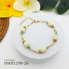 Hawaiian Ivory Color Pikake Flower Beads Chain Bracelet With White Zircon Disc Beads And Brass Beads In Different Colors