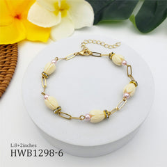 Hawaiian Ivory Color Pikake Flower Beads Chain Bracelet With White Zircon Disc Beads And Brass Beads In Different Colors