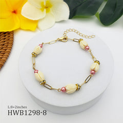 Hawaiian Ivory Color Pikake Flower Beads Chain Bracelet With White Zircon Disc Beads And Brass Beads In Different Colors