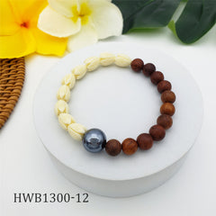 Hawaiian Half Wooden And Half Ivory Color Pikake Flower Beads Bracelet With Petrol Pearls In 2 Different Styles