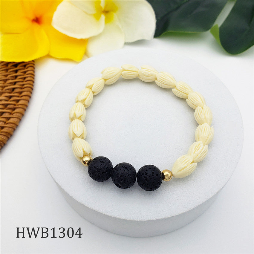 Hawaiian Ivory Color Pikake Flower Beads Bracelet With 3 Volcanic Lava Rock Gemstones In Between 2 Golden Beads