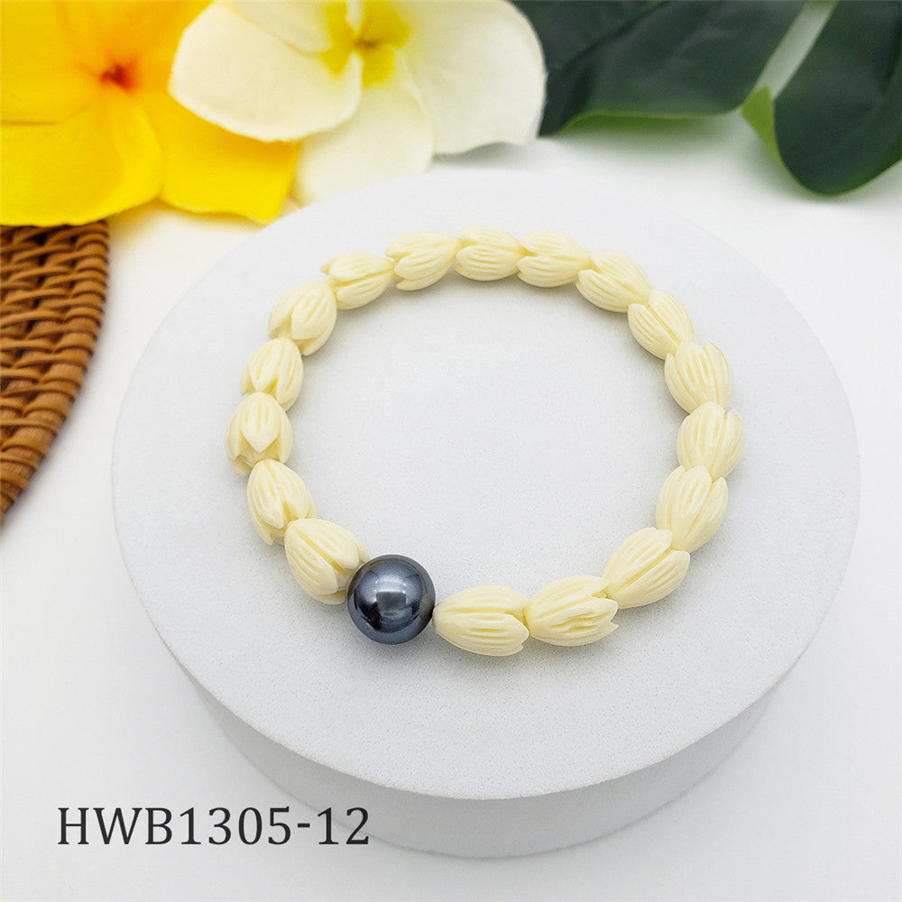 Hawaiian Ivory Color Pikake Flower Beads Bracelet With Petrol Pearl