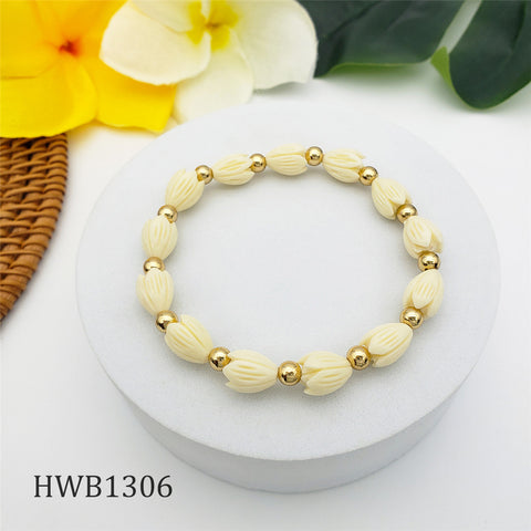 Hawaiian Ivory Color Pikake Flower And Golden Beads Bracelet