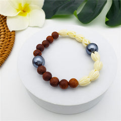 Hawaiian Half Wooden And Half Ivory Color Pikake Flower Beads Bracelet With Petrol Pearls In 2 Different Styles