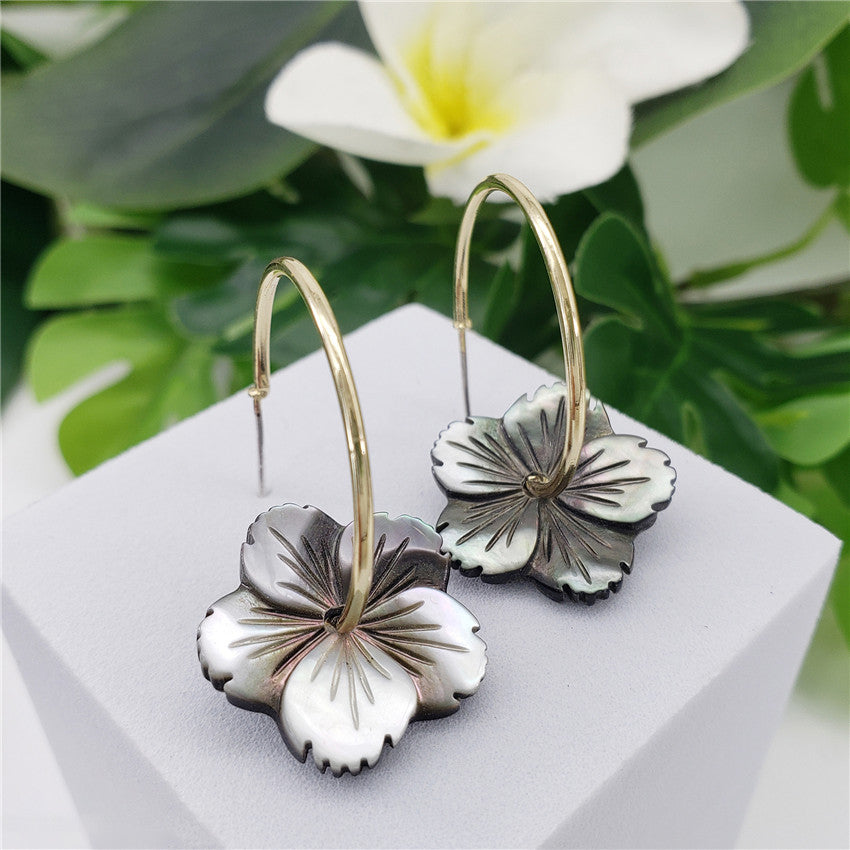 Round Hoop Earrings With Different Plumeria Flower Charm Styles