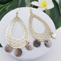 Carved Waves Double Teardrop Earrings Sustained With Triple Black Lip Shell Rounds