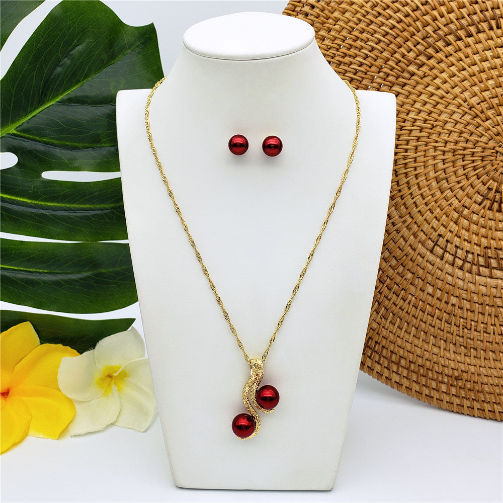 Set Of Carved Double Wavy Lines Necklace And Stud Earrings With Bordeaux Pearls