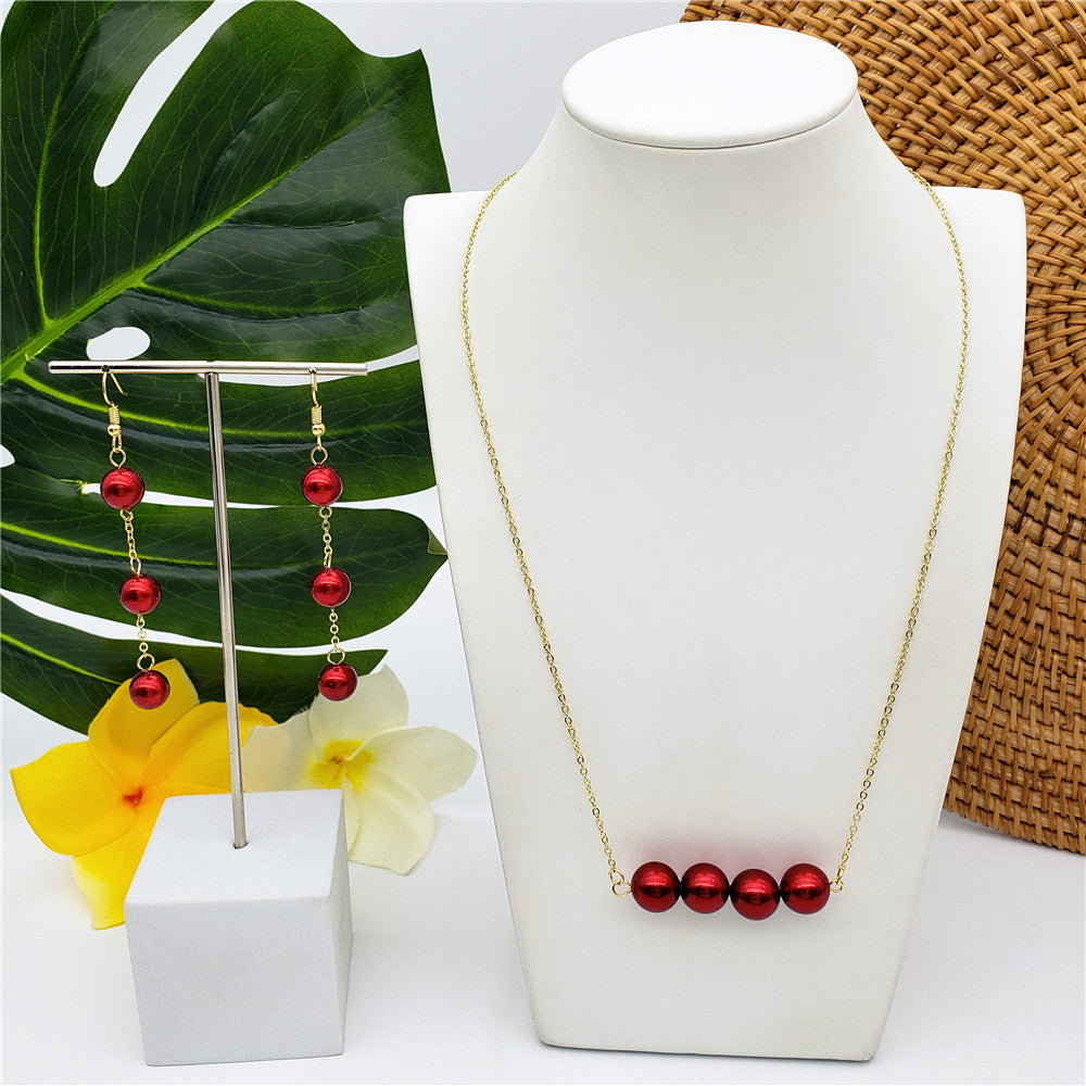 Set Of Earrings And Necklace With Bordeaux Pearls