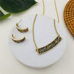 Set Of Carved Leaves Branch Half Moon Earrings And Bar Pendant Necklace