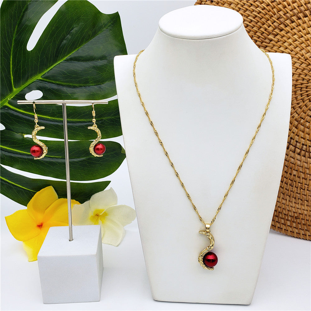 Set Of Wavy Line Carrying A Bordeaux Pearl Earrings And Necklace