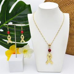 Set Of Carved Ribbon Earrings And Necklace Sustained With A Pearl