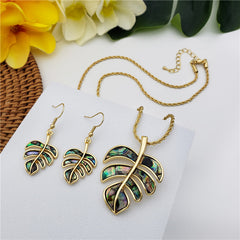 Set Of Metallic Green-Purple Hawaiian Monstera Leaf Earrings And Necklace