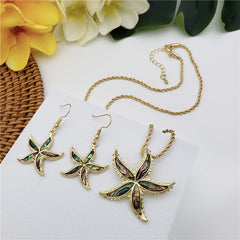 Set Of Metallic Green-Purple Starfish Earrings And Necklace