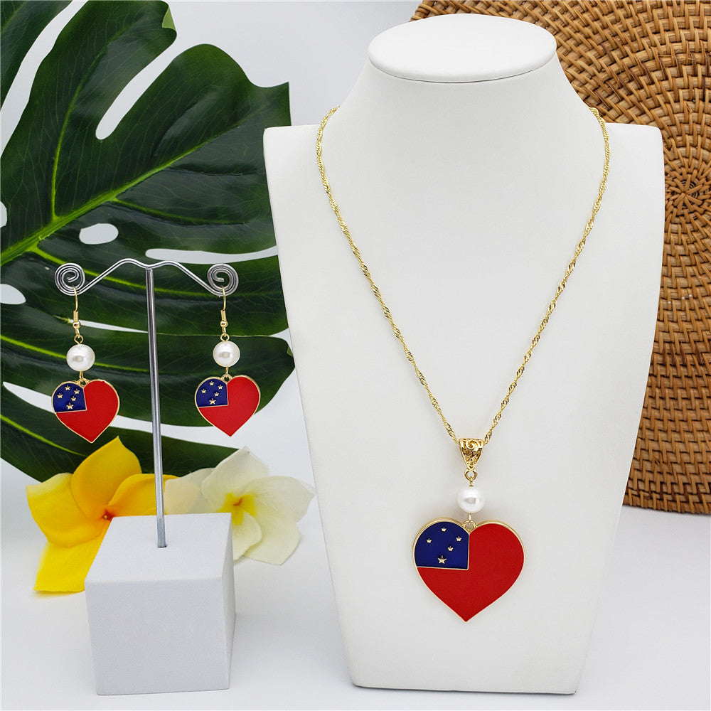 Set Of Samoa Flag Earrings And Necklace Sustained With A Pearl In 2 Different Colors