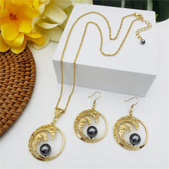 Set Of Round Earrings And Necklace With Carved Double Waves And A Pearl In Different Colors