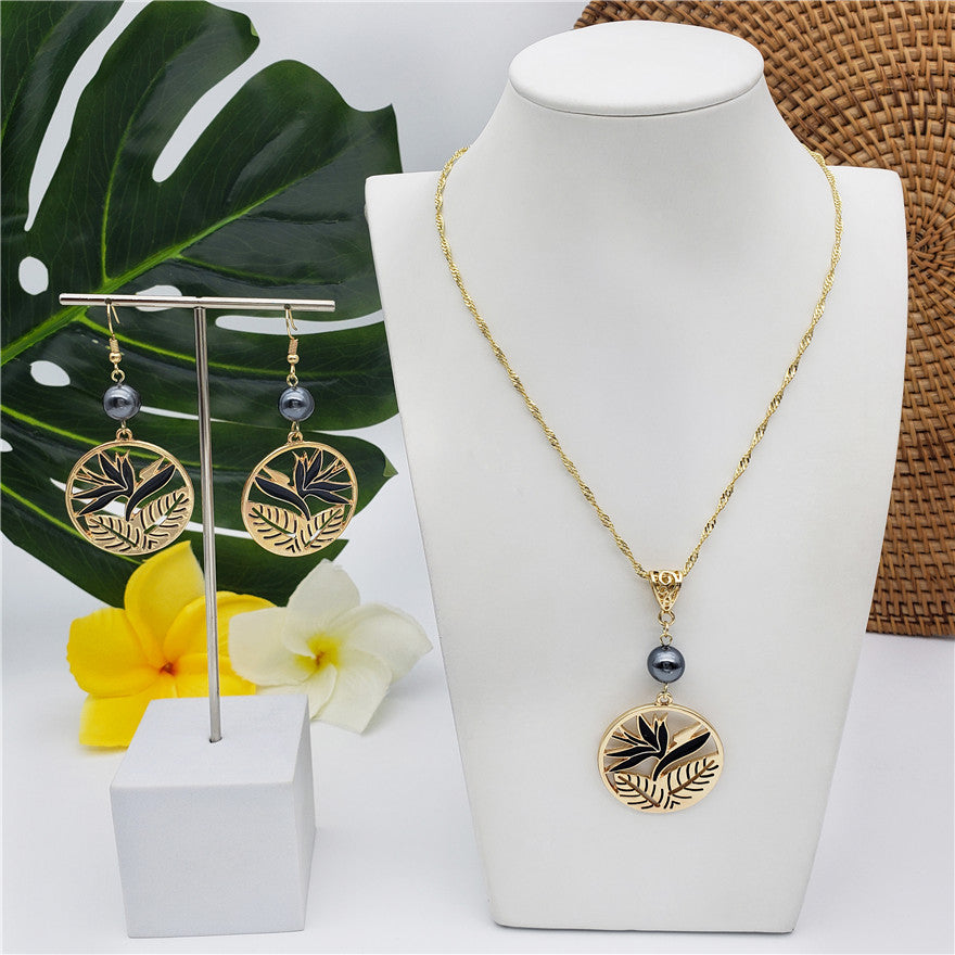 Set Of Lotus Flower & Leaves Wheel Earrings And Necklace Sustained With A Pearl In Different Colors