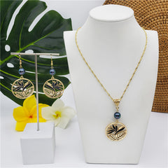 Set Of Lotus Flower & Leaves Wheel Earrings And Necklace Sustained With A Pearl In Different Colors