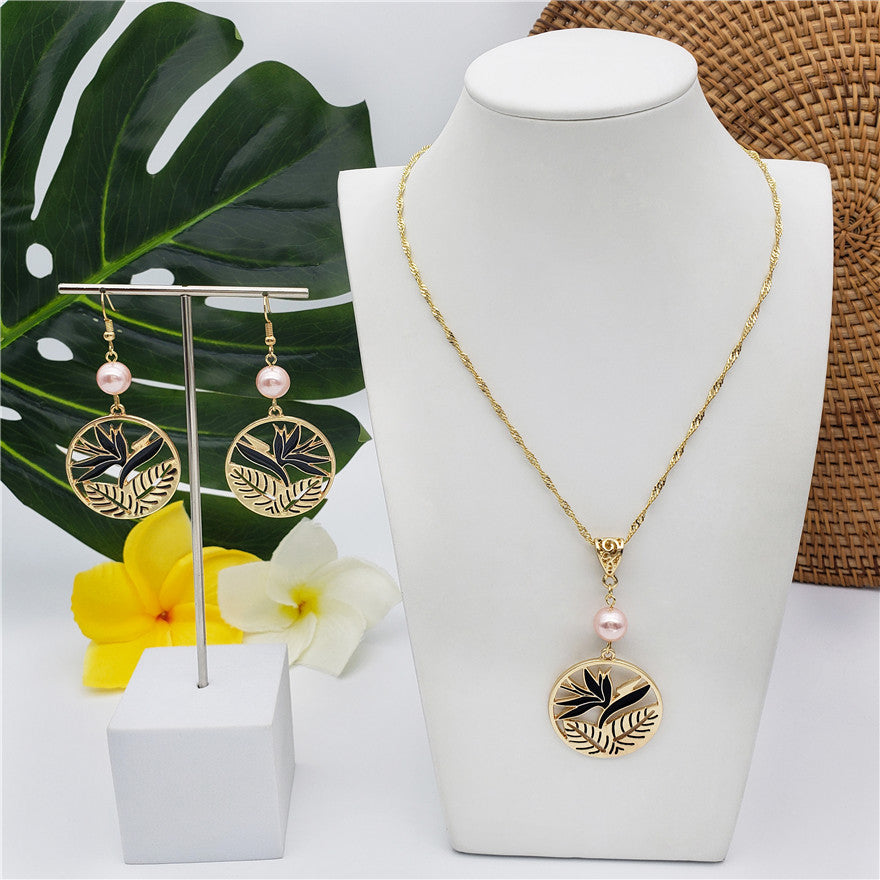 Set Of Lotus Flower & Leaves Wheel Earrings And Necklace Sustained With A Pearl In Different Colors