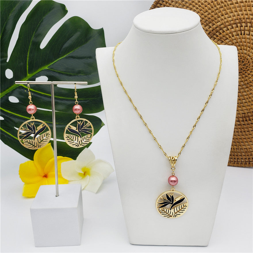 Set Of Lotus Flower & Leaves Wheel Earrings And Necklace Sustained With A Pearl In Different Colors