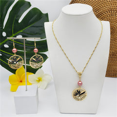 Set Of Lotus Flower & Leaves Wheel Earrings And Necklace Sustained With A Pearl In Different Colors