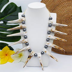 Hawaiian Ula Nifo Necklace In 2 Different Styles With Caramel-White Teeth