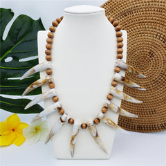 Hawaiian Ula Nifo Necklace With Teeth In 2 Different Colors And Wooden Beads