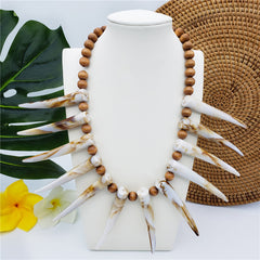 Hawaiian Ula Nifo Necklace With Teeth In 2 Different Colors And Wooden Beads