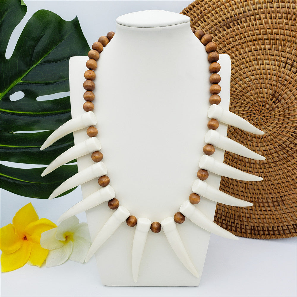 Hawaiian Ula Nifo Necklace With Teeth In 2 Different Colors And Wooden Beads