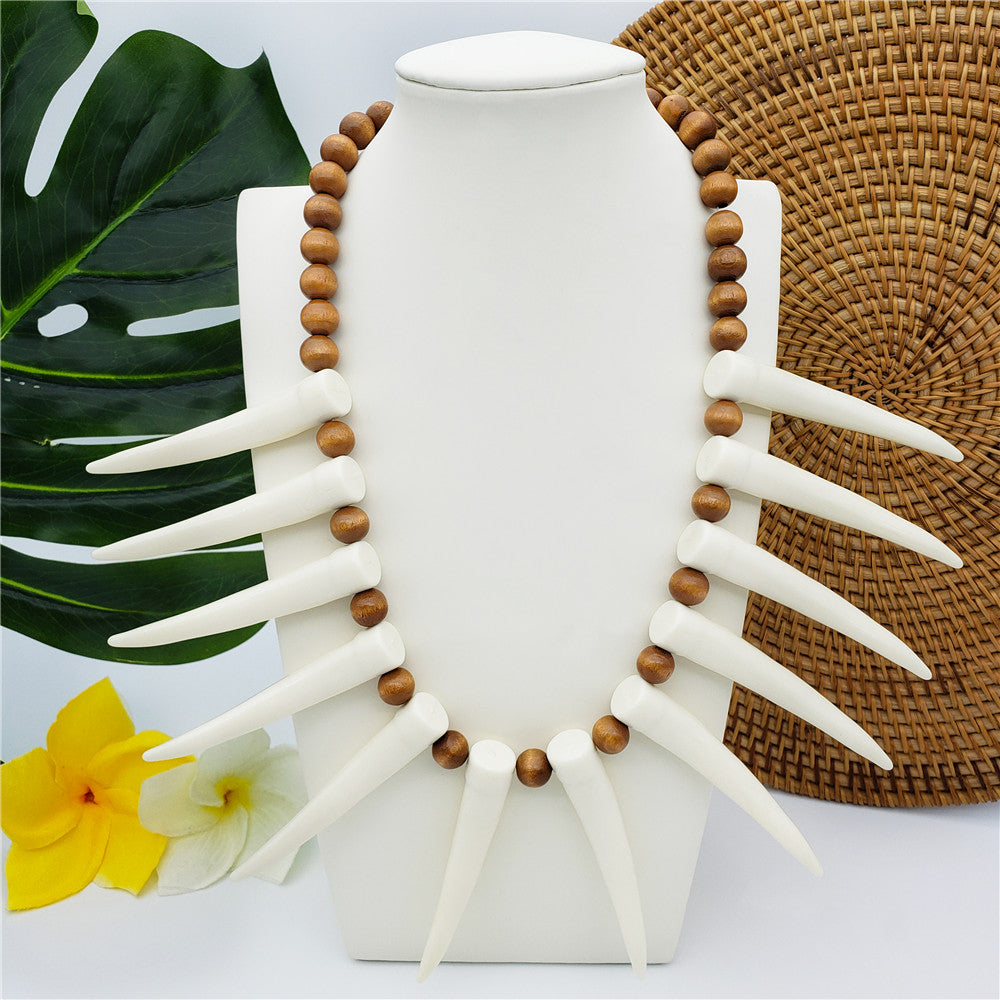 Hawaiian Ula Nifo Necklace With Teeth In 2 Different Colors And Wooden Beads