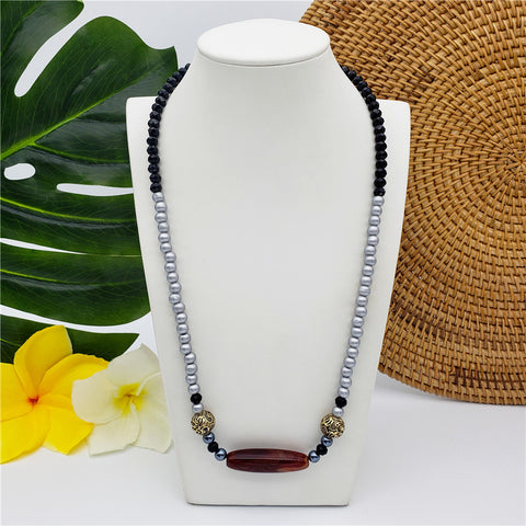 Silver Pearl & Black Gemstone Necklace With Brown Jade Bar And Carved Golden Beads