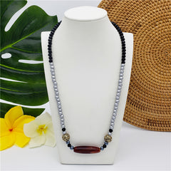 Silver Pearl & Black Gemstone Necklace With Brown Jade Bar And Carved Golden Beads