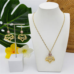 Set Of Infinity Carved Heart Earrings And Necklace Sustained With A Pearl In Different Colors