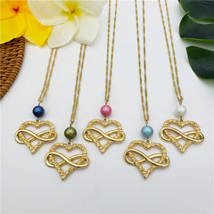 Set Of Infinity Carved Heart Earrings And Necklace Sustained With A Pearl In Different Colors