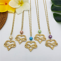 Set Of Infinity Carved Heart Earrings And Necklace Sustained With A Pearl In Different Colors