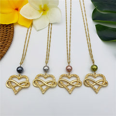 Set Of Infinity Carved Heart Earrings And Necklace Sustained With A Pearl In Different Colors