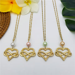 Set Of Infinity Carved Heart Earrings And Necklace Sustained With A Pearl In Different Colors