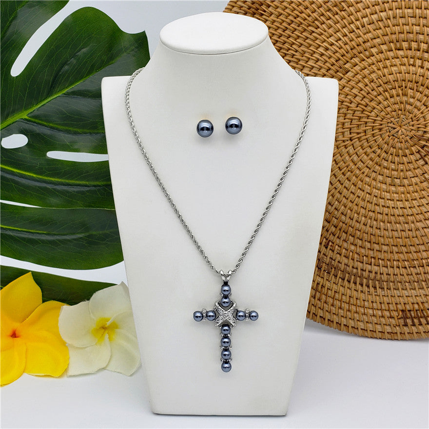 Set Of Petrol Pearl Stud Earrings And Cross Necklace In Silver/Gold With Petrol Pearls And White Zircons