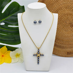 Set Of Petrol Pearl Stud Earrings And Cross Necklace In Silver/Gold With Petrol Pearls And White Zircons