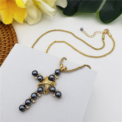 Set Of Petrol Pearl Stud Earrings And Cross Necklace In Silver/Gold With Petrol Pearls And White Zircons