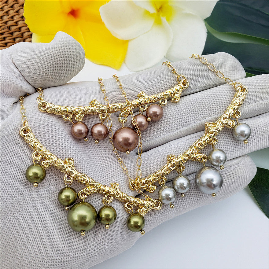 Set Of Pearl Stud Earrings And Carved Branch Of Pearls Necklace In Different Colors