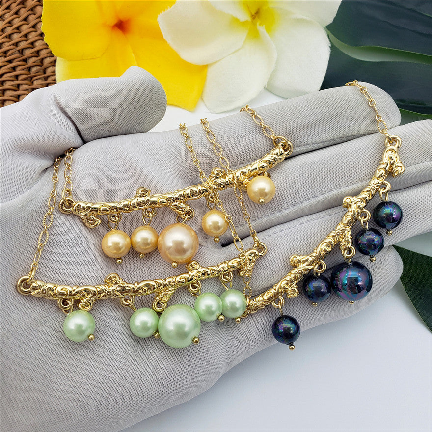 Set Of Pearl Stud Earrings And Carved Branch Of Pearls Necklace In Different Colors