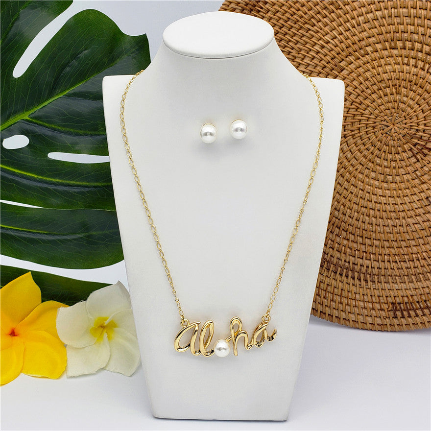 Set Of "Aloha" Necklace And Stud Earrings With Pearls In 2 Different Colors