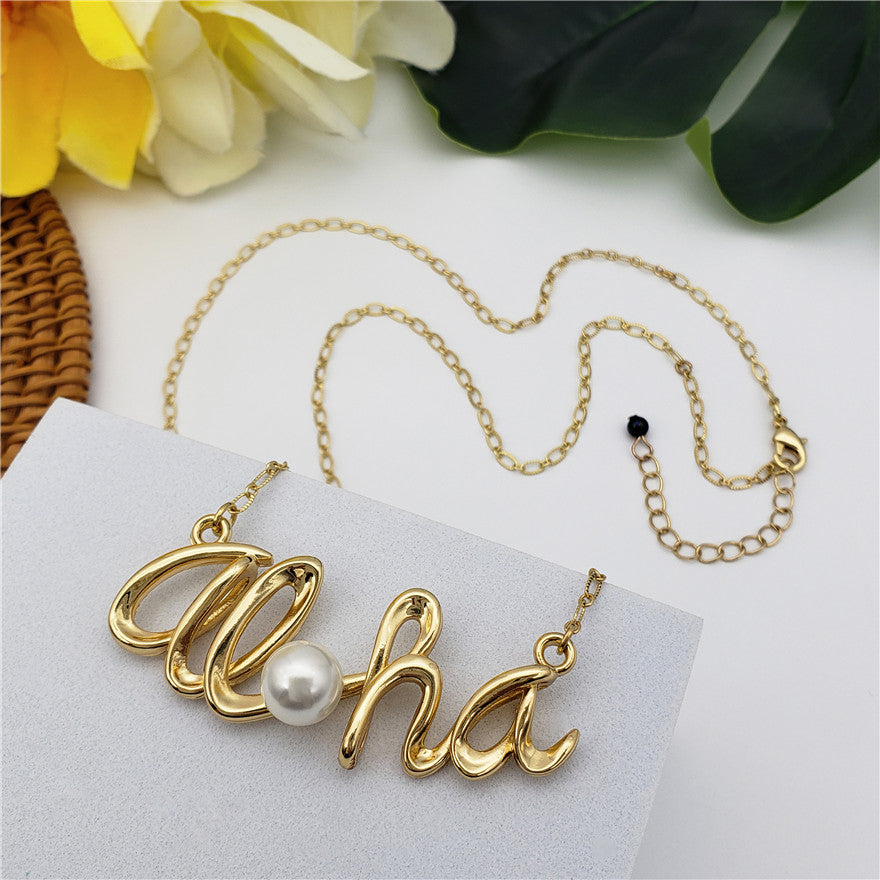 Set Of "Aloha" Necklace And Stud Earrings With Pearls In 2 Different Colors