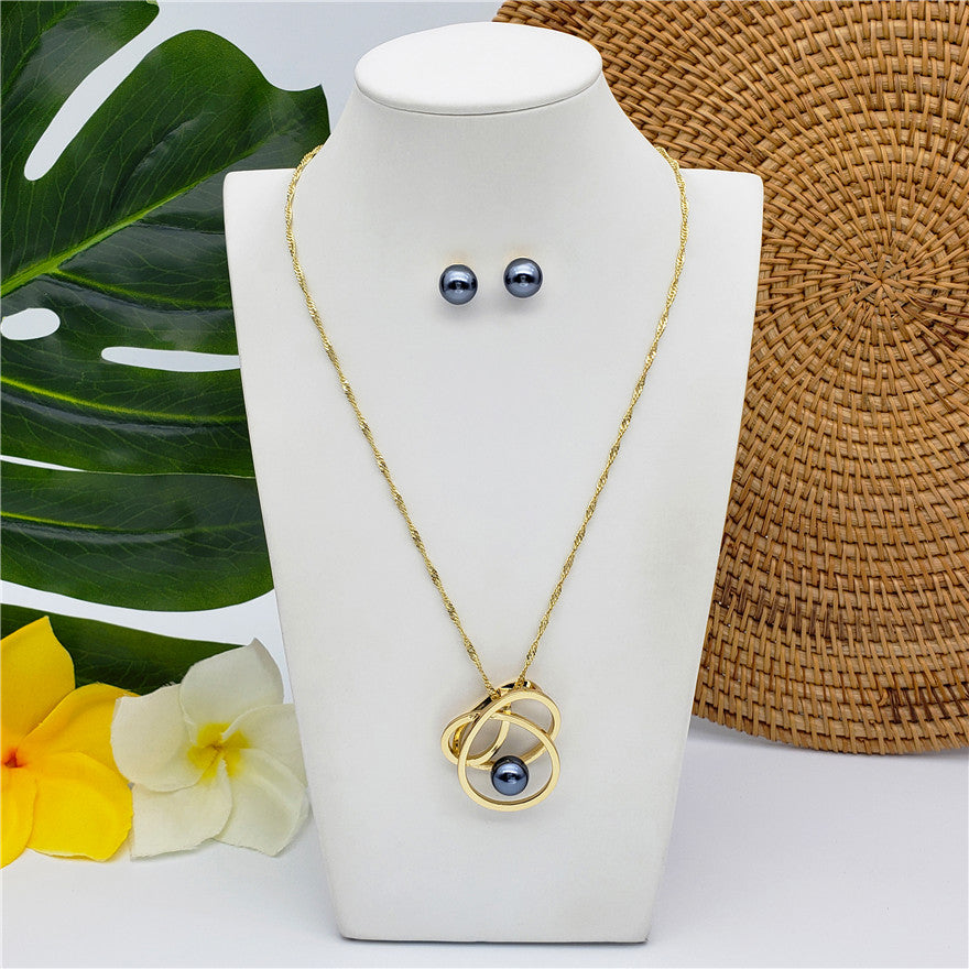 Set Of Petrol Pearl Stud Earrings And Petrol Pearl Tangle Necklace In Silver/Gold