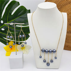 Set Of Chain Earrings And Necklace With Petrol Pearls In Different Styles