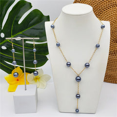 Set Of Chain Earrings And Necklace With Petrol Pearls In Different Styles