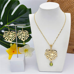 Set Of Hawaiian Monstera Leaf Earrings And Necklace Sustained With A Pearl From The Bottom In Different Colors